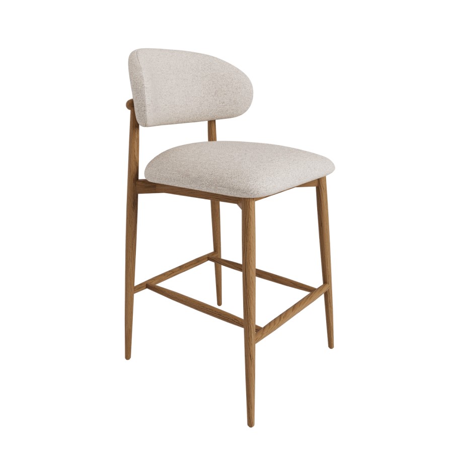 Set of 4 Beige Upholstered Curved Kitchen Stools With Solid Rustic Wood Exposed Back - Kori