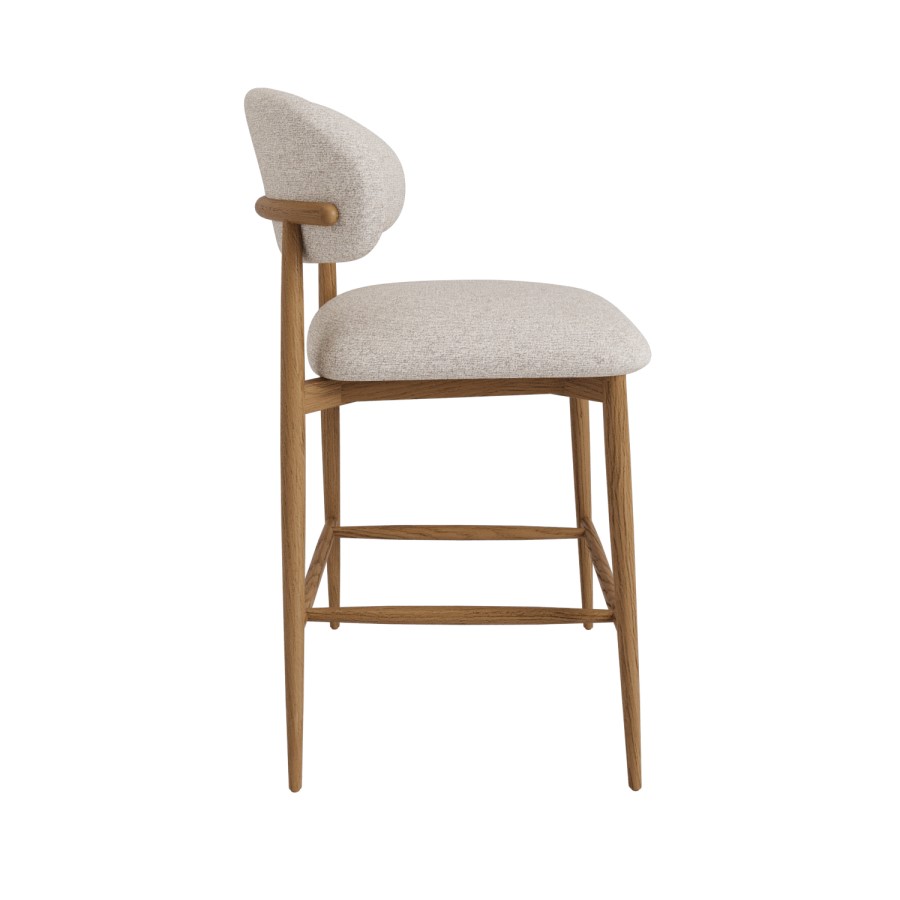 Set of 4 Beige Upholstered Curved Kitchen Stools With Solid Rustic Wood Exposed Back - Kori