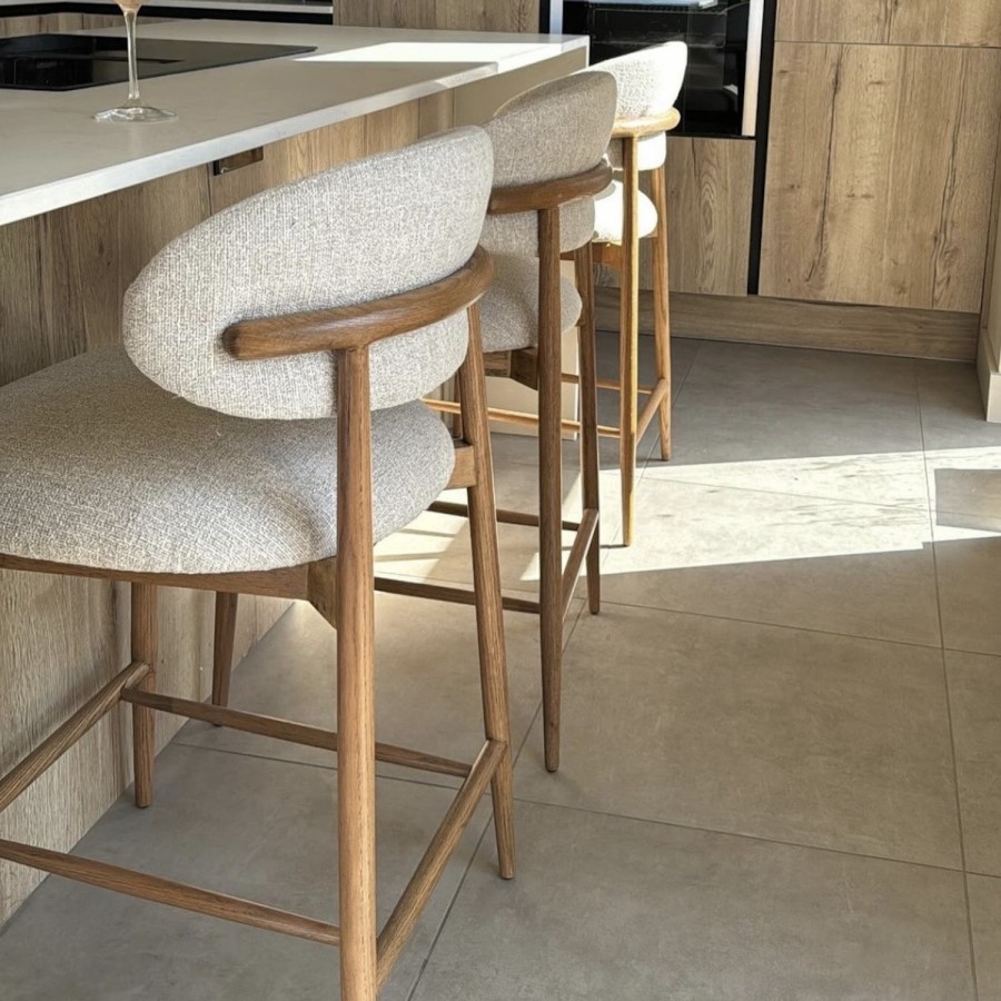 ONLY OPENED - Beige Upholstered Curved Kitchen Stool with Solid Rustic Oak Exposed Back - Kori