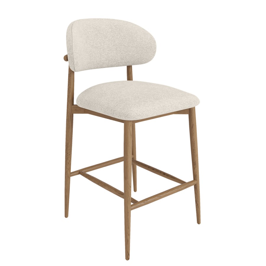 Beige Upholstered Curved Kitchen Stool With Solid Oak Exposed Back - Kori