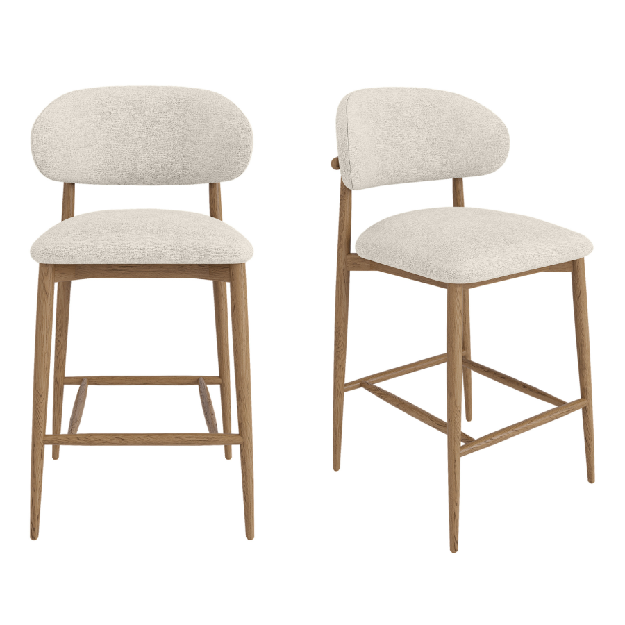 ONLY OPENED - Beige Upholstered Curved Kitchen Stool with Solid Rustic Oak Exposed Back - Kori