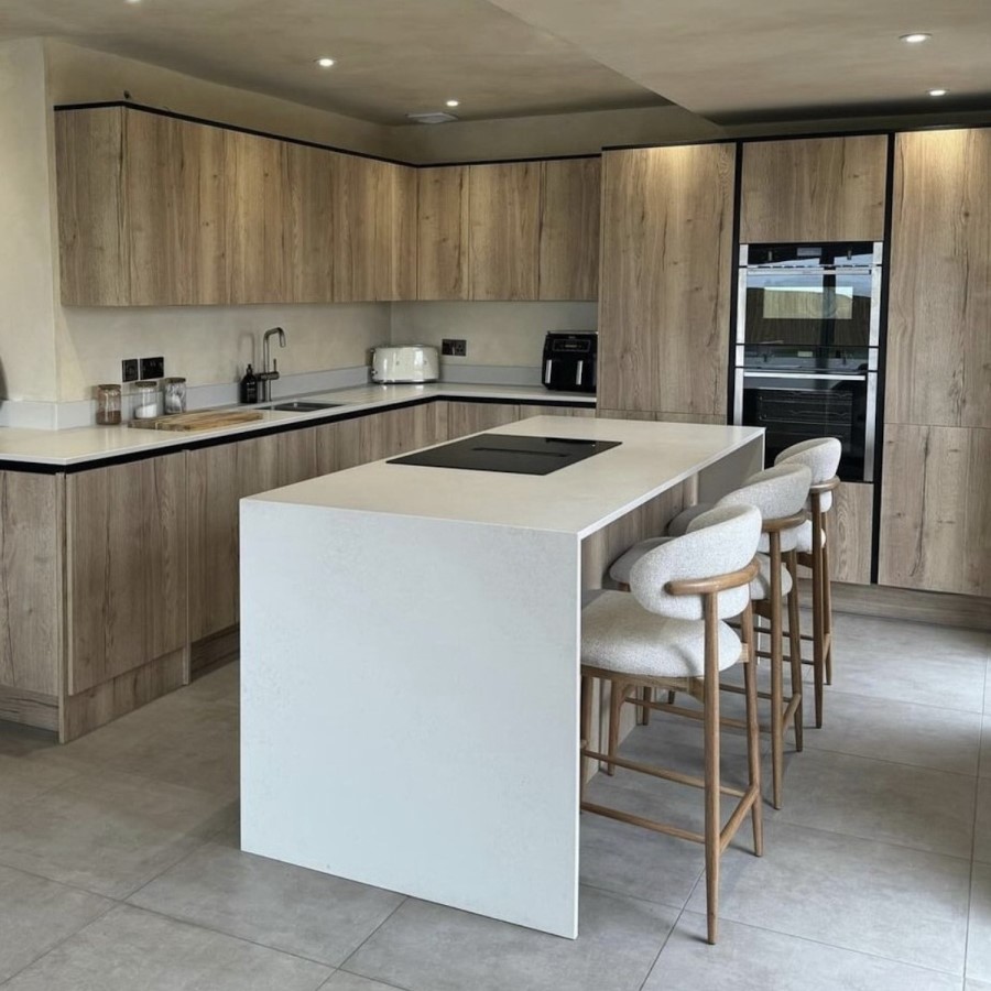 ONLY OPENED - Beige Upholstered Curved Kitchen Stool with Solid Rustic Oak Exposed Back - Kori