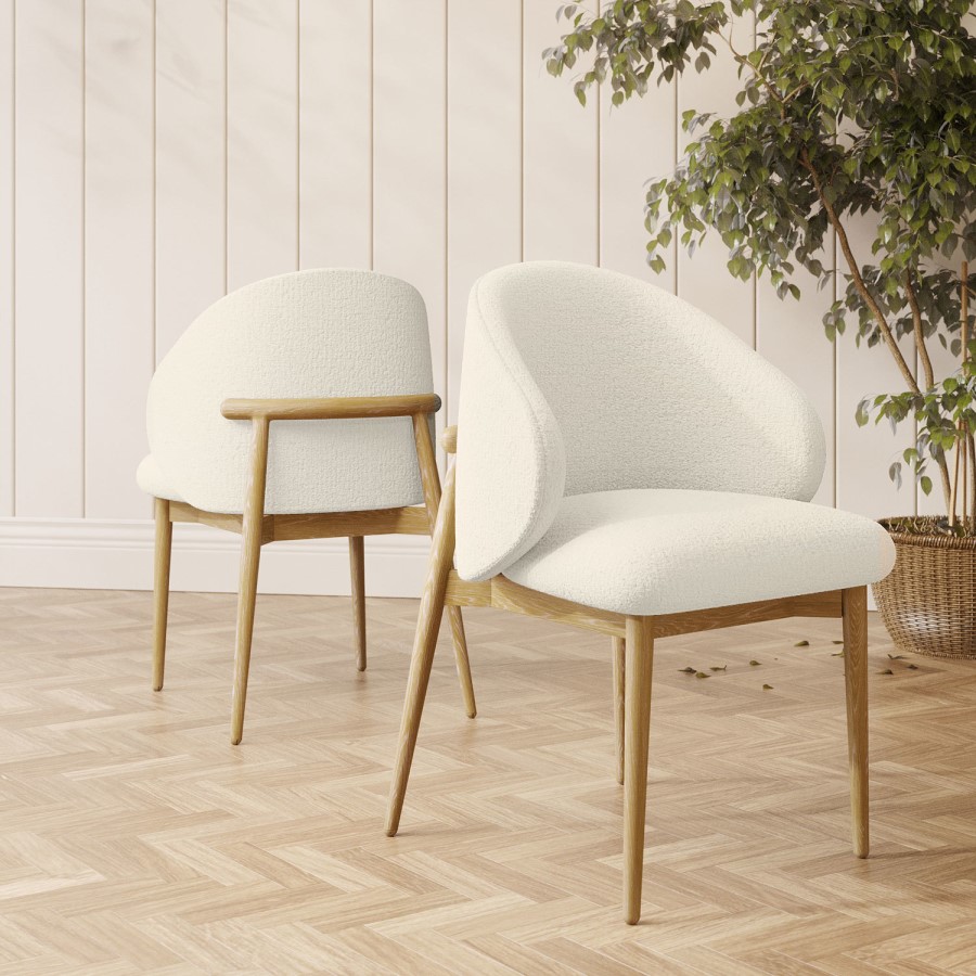 Set of 2 Cream Upholstered Curved Dining Chair with Limewash Solid Oak Exposed Back - Kori