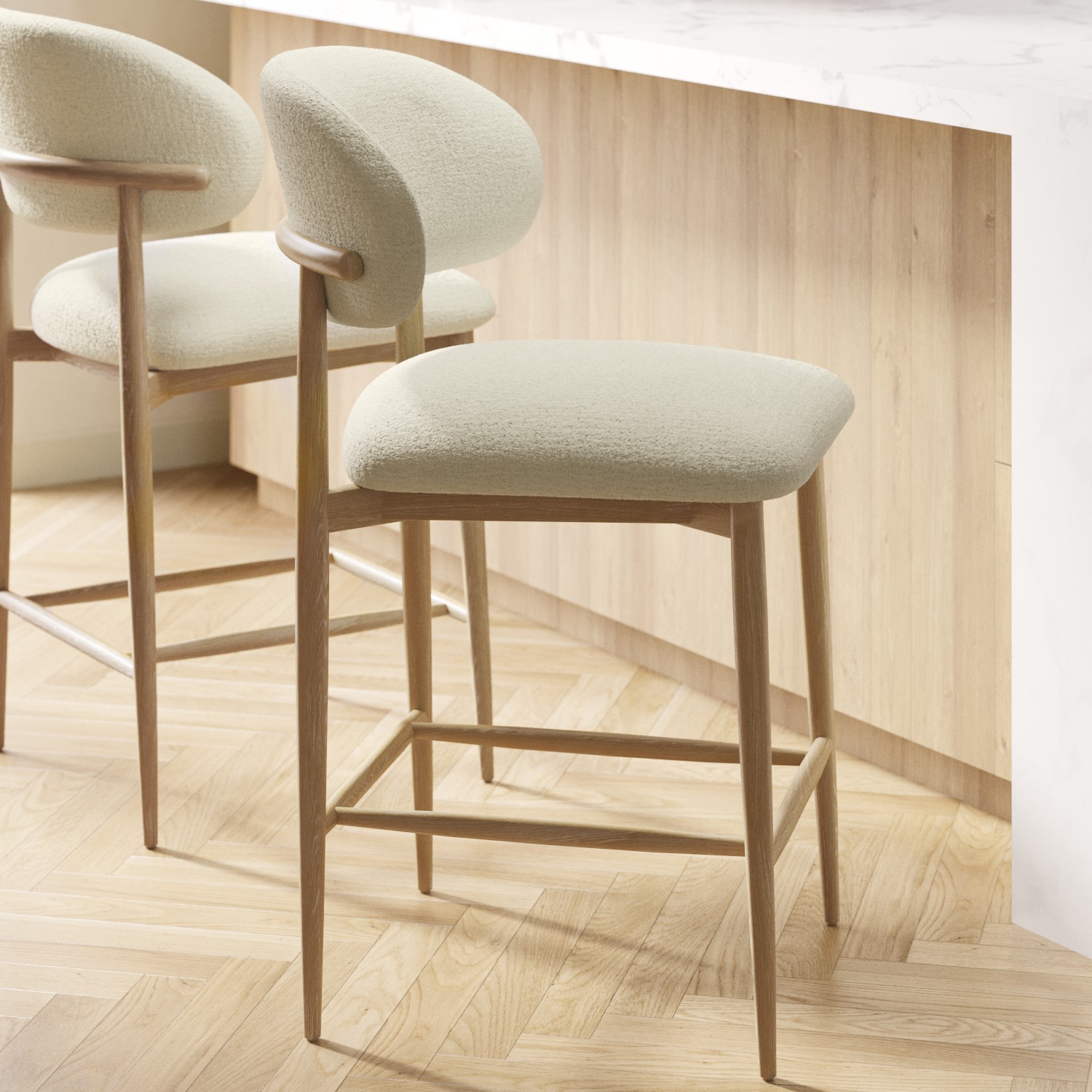 Upholstered Curved Kitchen Stool Limewash Solid Oak Exposed Back Available set 2 3 4