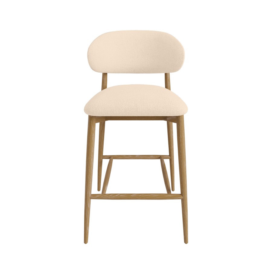 Set of 2 Cream Upholstered Curved Kitchen Stools with Limewash Solid Oak Exposed Back - Kori