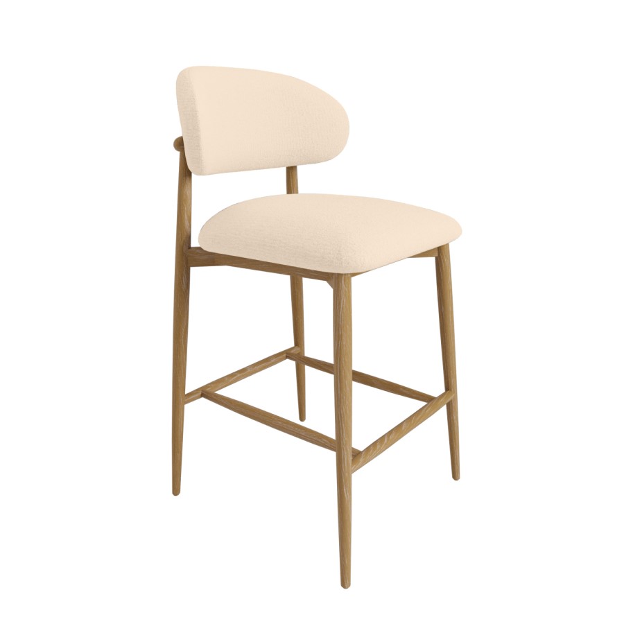 Set of 2 Cream Upholstered Curved Kitchen Stools with Limewash Solid Oak Exposed Back - Kori