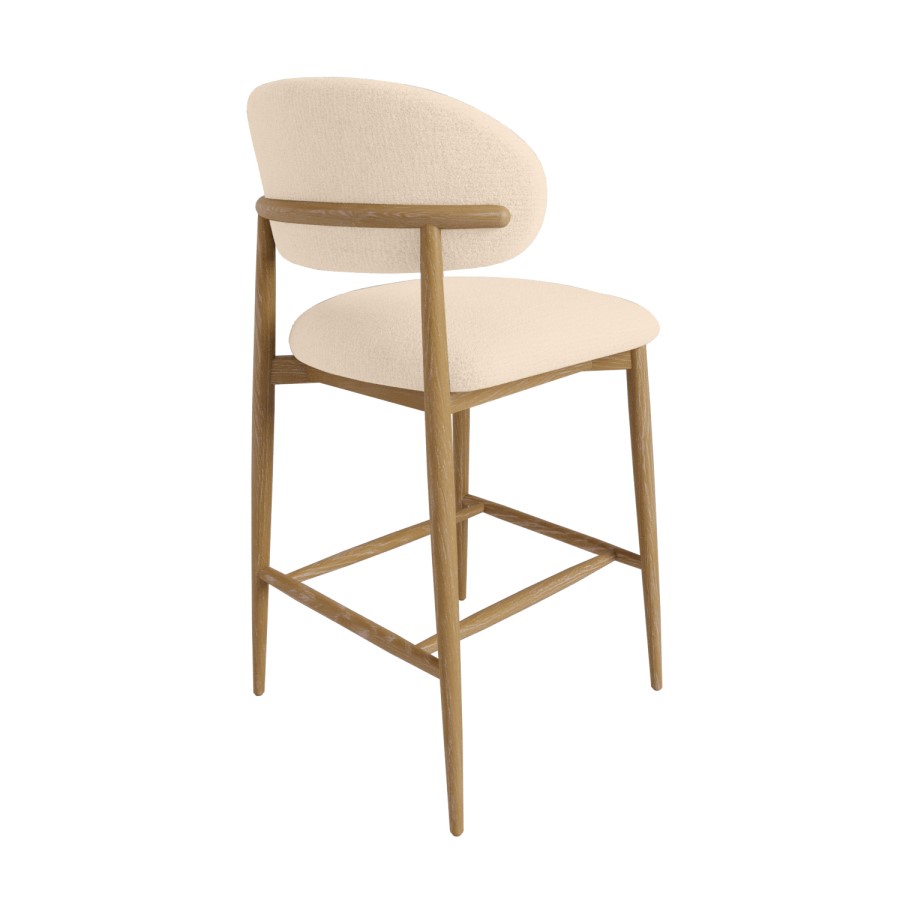 Set of 2 Cream Upholstered Curved Kitchen Stools with Limewash Solid Oak Exposed Back - Kori