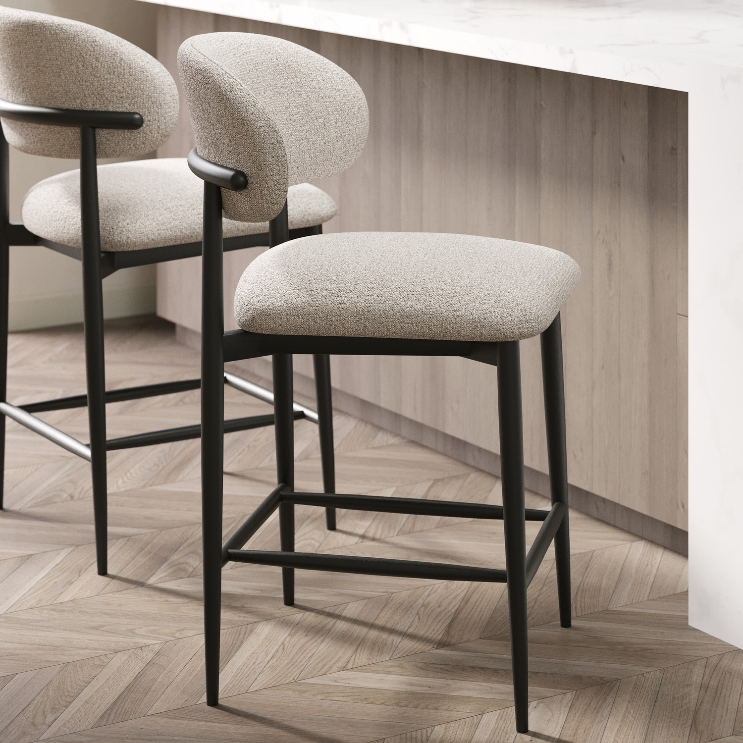 Cream and Black Upholstered Curved Kitchen Stool With Wooden Exposed Back - Kori - Available in a set of 2, 3 and 4