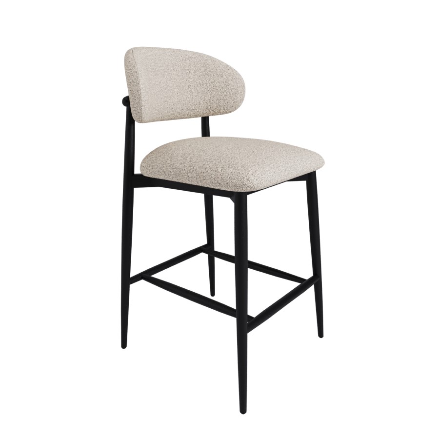 Set of 3 Cream and Black Upholstered Curved Kitchen Stools With Wooden Exposed Back - Kori