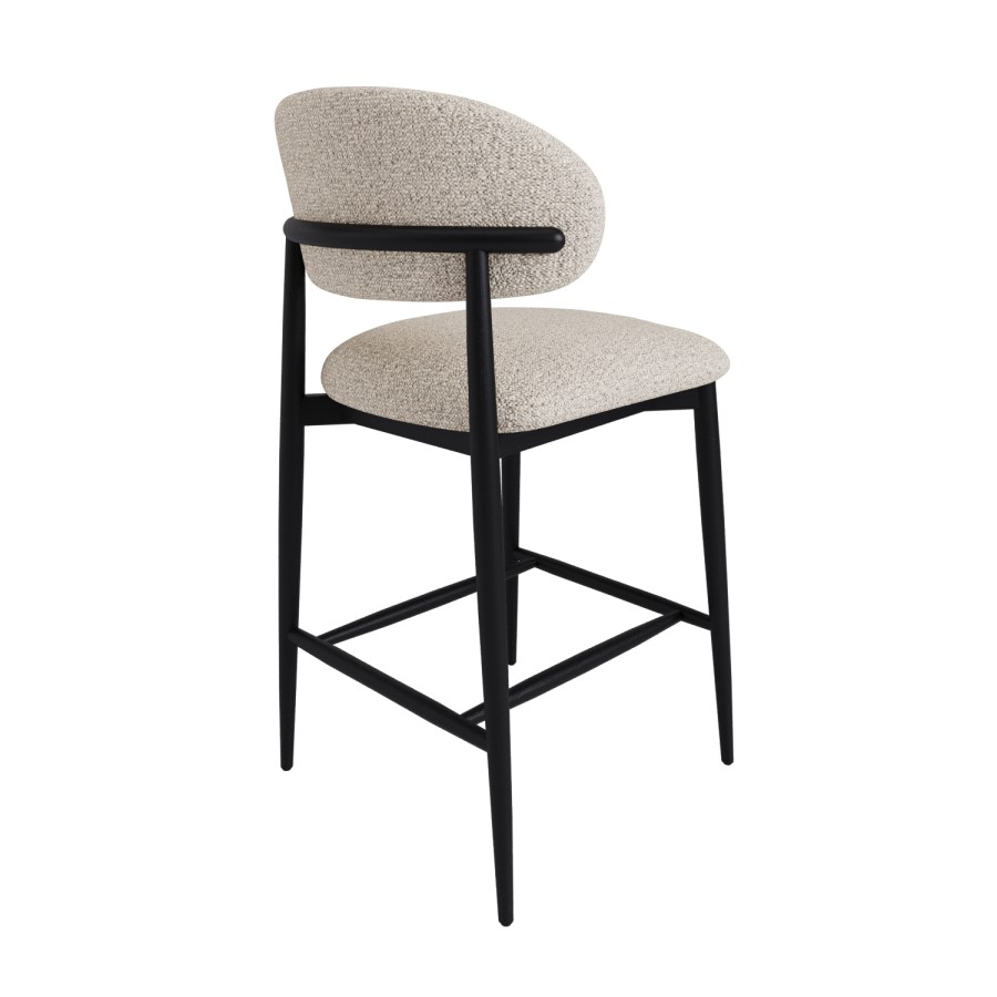 Set of 3 Cream and Black Upholstered Curved Kitchen Stools With Wooden Exposed Back - Kori