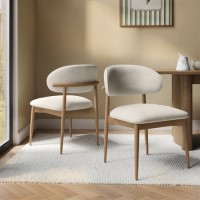 Beige Upholstered Curved Dining Chair with Solid Rustic Wood Open Back - Kori