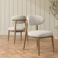 Beige Upholstered Curved Dining Chair with Solid Rustic Oak Open Back - Kori