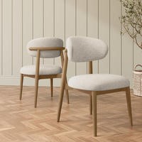 Beige Upholstered Curved Dining Chair with Solid Rustic Wood Open Back - Kori