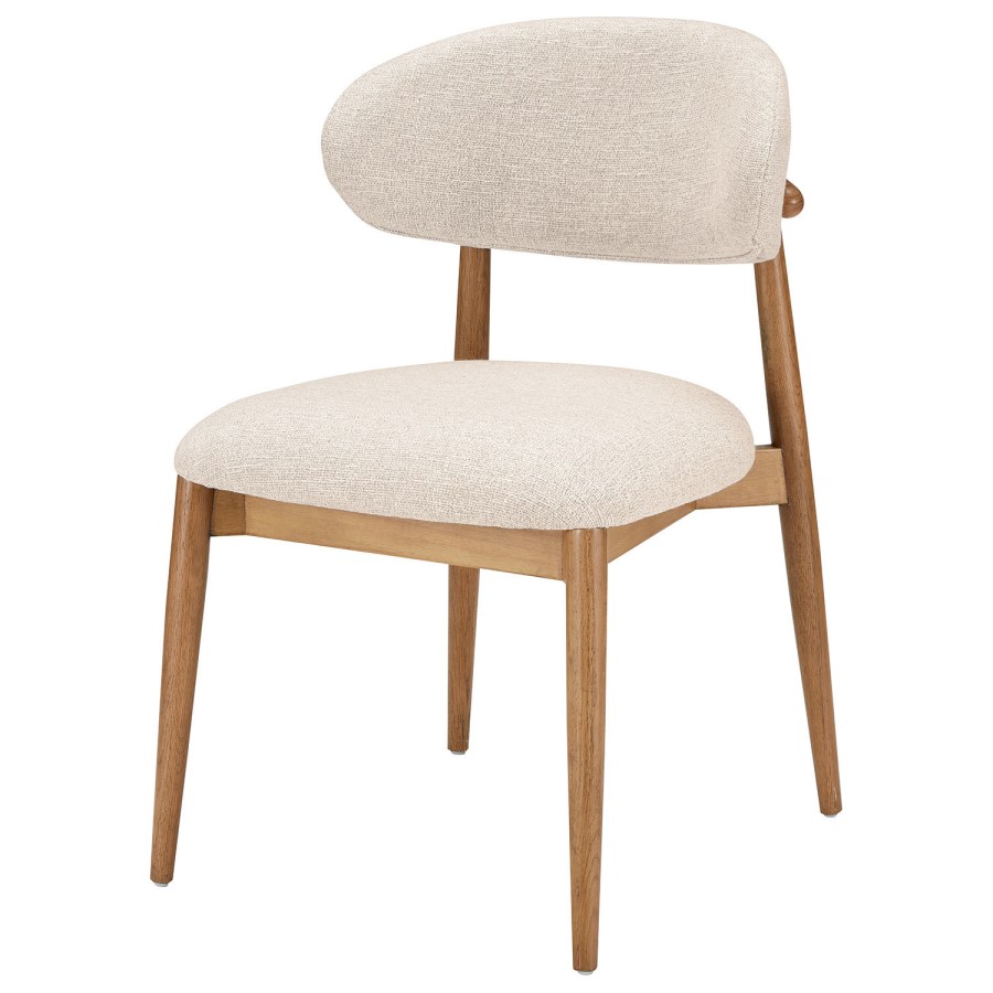 Round Walnut Dining Table Set with 4 Beige Upholstered Curved Dining Chairs - Owen