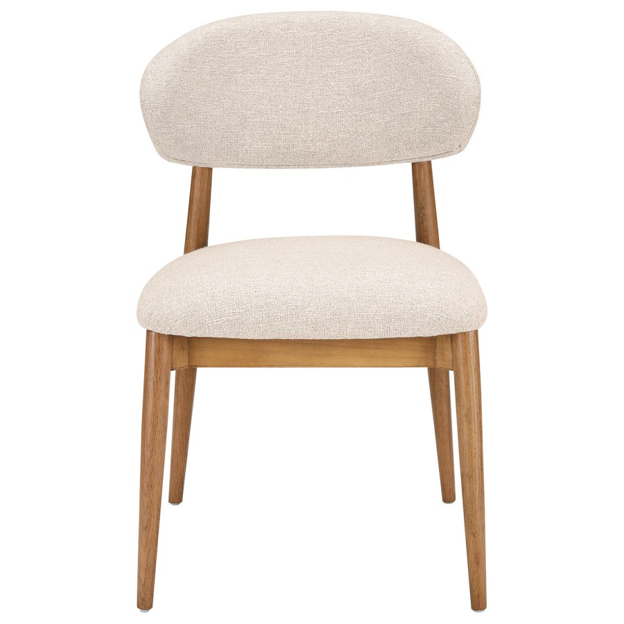 Round Walnut Dining Table Set with 4 Beige Upholstered Curved Dining Chairs - Owen