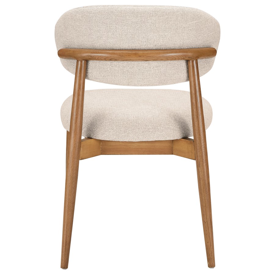 Round Walnut Dining Table Set with 4 Beige Upholstered Curved Dining Chairs - Owen