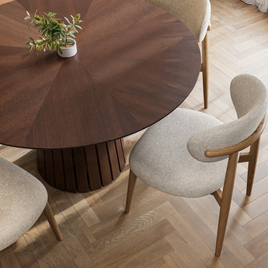 Beige Upholstered Curved Dining Chair with Solid Rustic Oak Open Back - Kori