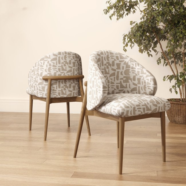 Beige Printed Upholstered Curved Dining Chair With Oak Legs - Kori