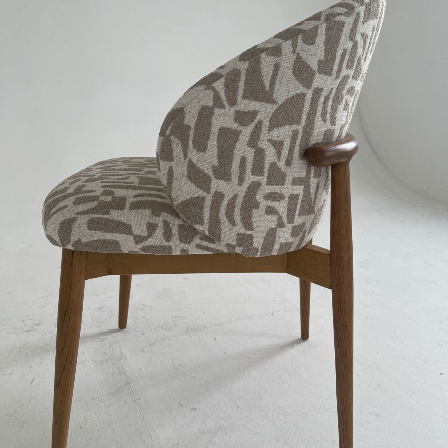 Beige Printed Upholstered Curved Dining Chair With Solid Rustic Oak Exposed Back - Kori