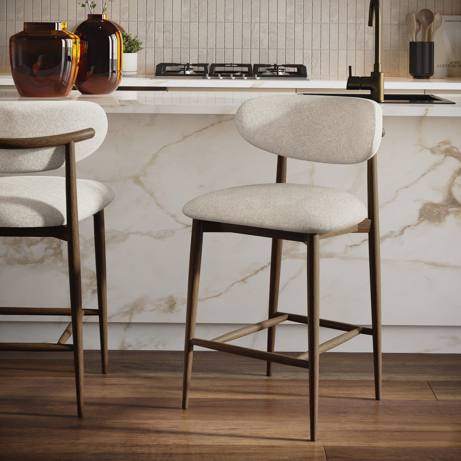 Walnut Upholstered Curved Kitchen Stool Open Back