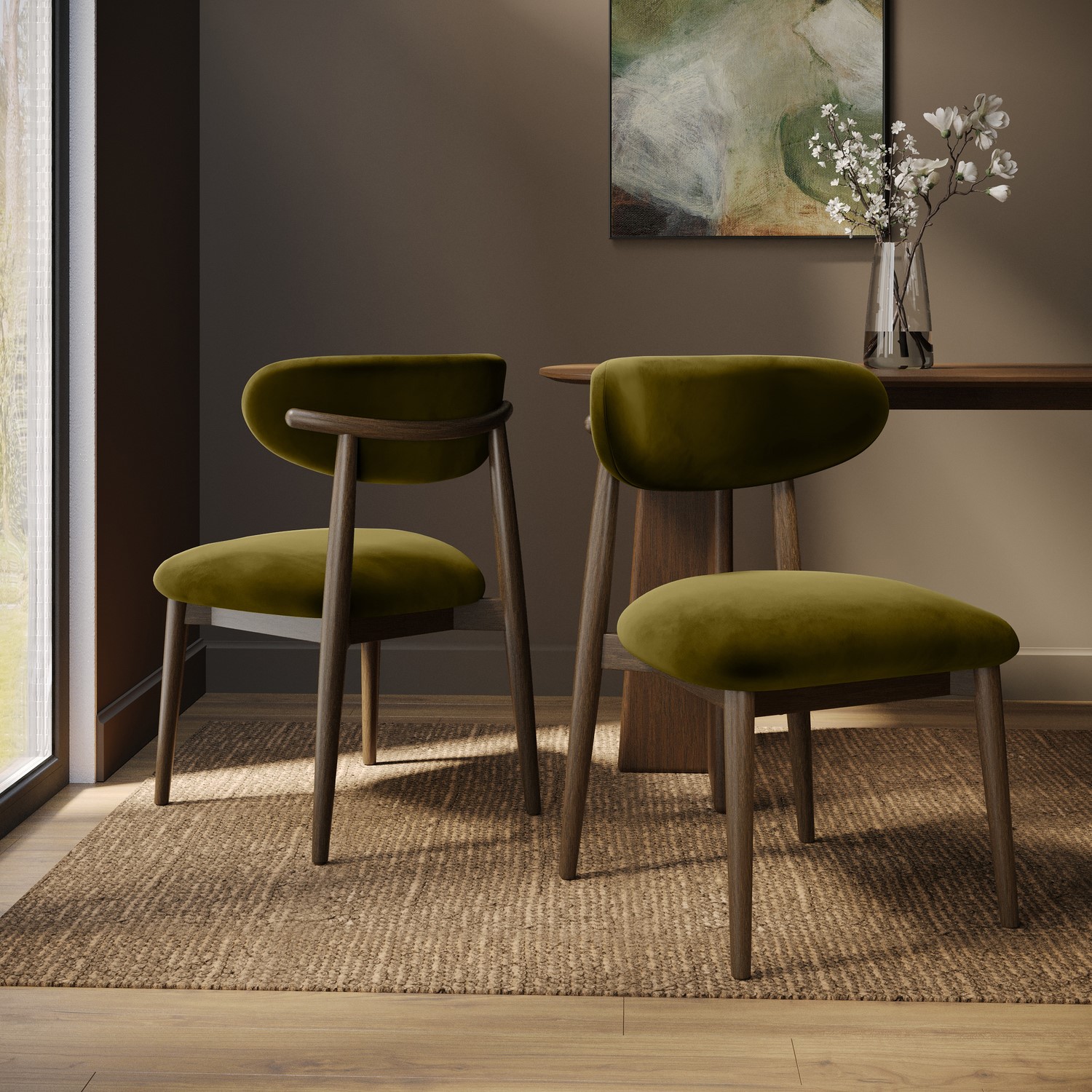Walnut Olive Green Upholstered Curved Dining Chair Open Back