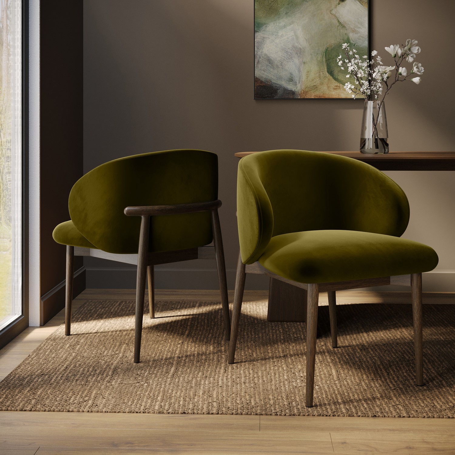 Walnut Olive Green Upholstered Curved Dining Chair Exposed Back