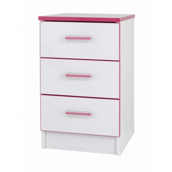 One Call Furniture Kiddi Pink Bedside 3 Drawer Chest White and Pink