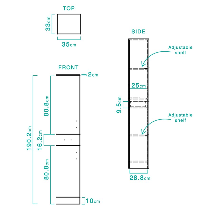 White Tall Boy Bathroom Cabinet Storage Unit - W350 x H1902mm