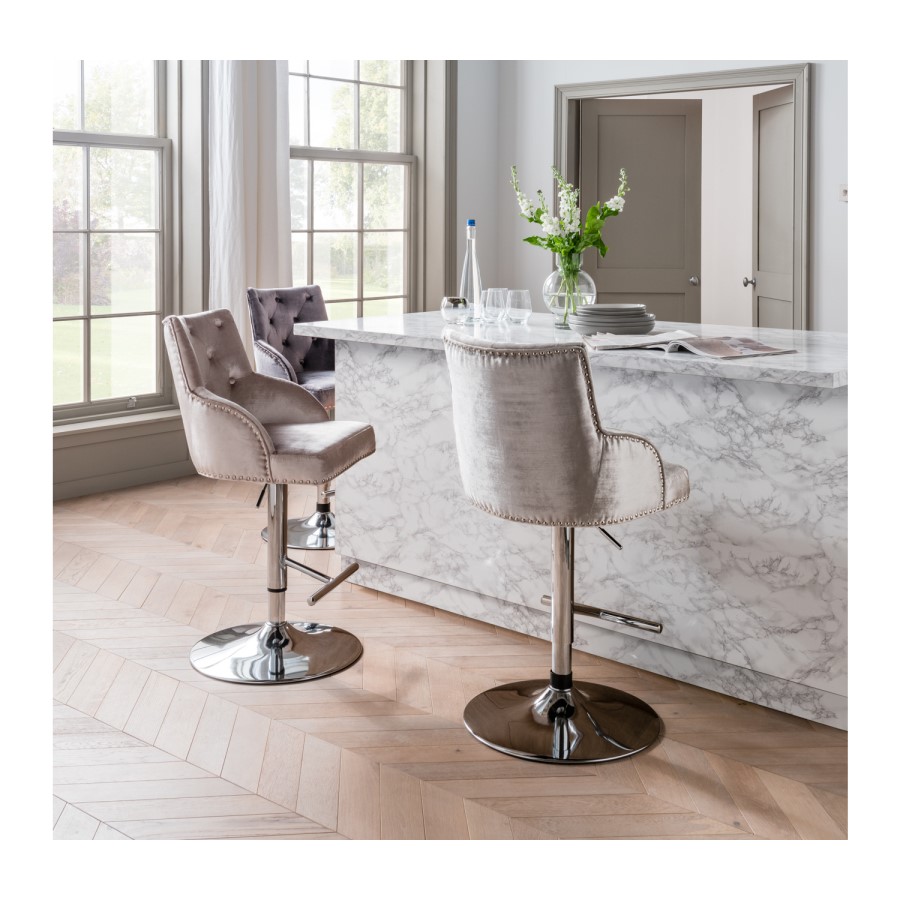 GRADE A1 - Arianna Adjustable Bar Stool in Pewter Grey Velvet with Silver Studs