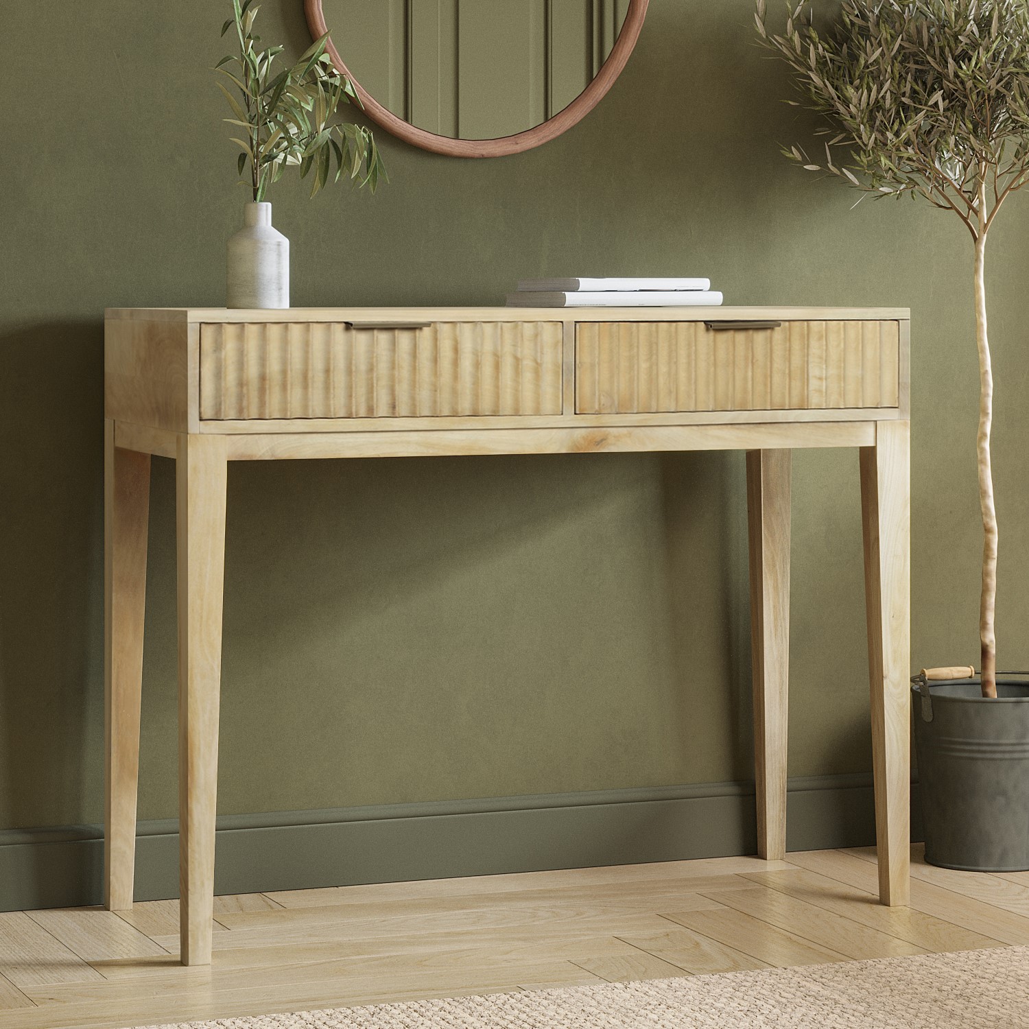Photo of Small solid mango wood console table with fluted detail drawers - linea