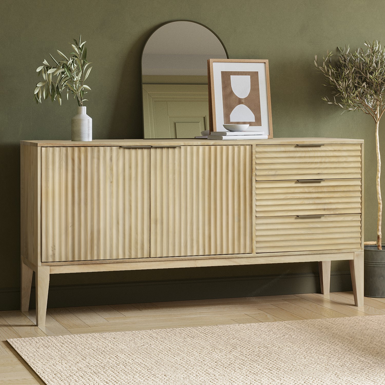 Fluted Sideboard With Rounded Large Solid Mango Fluted Wood Sideboard with Drawers - Linea - Furniture123