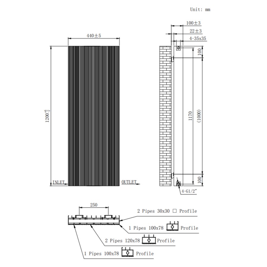 Black Designer Fluted Vertical Radiator 1200 x 440mm - Laguna