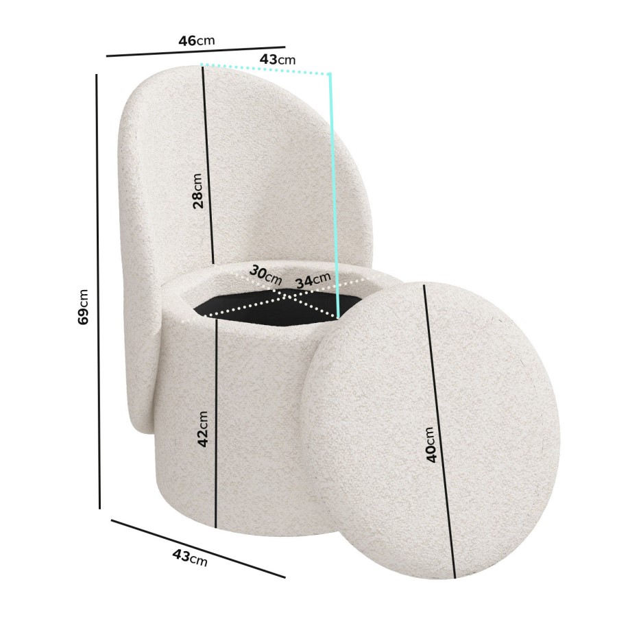 ONLY OPENED - Cream Boucle Dressing Table Chair with Ottoman Storage - Leah