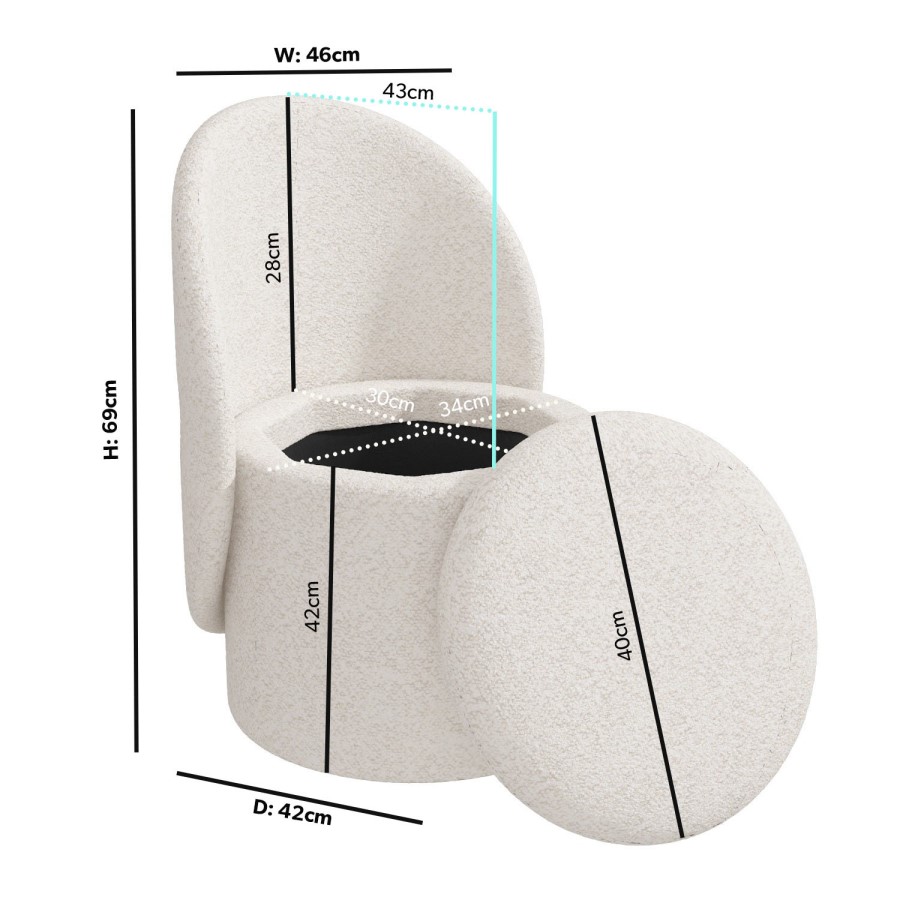 Off-White Boucle Dressing Table Chair with Ottoman Storage - Leah
