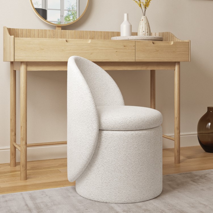 Off-White Boucle Dressing Table Chair with Ottoman Storage - Leah