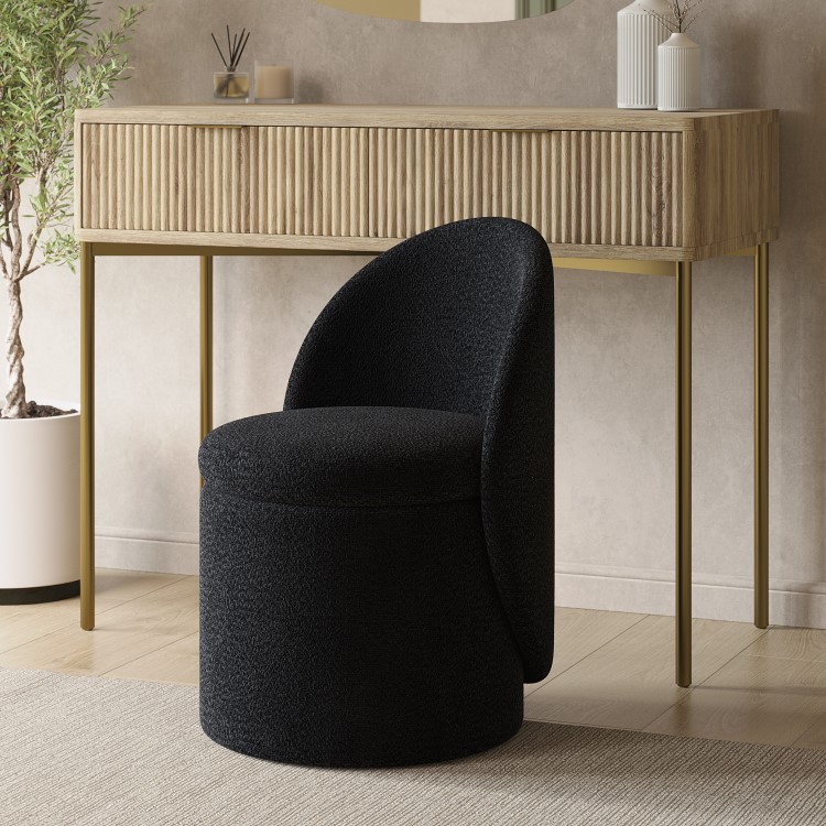 Black Boucle Dressing Table Chair with Ottoman Storage - Leah