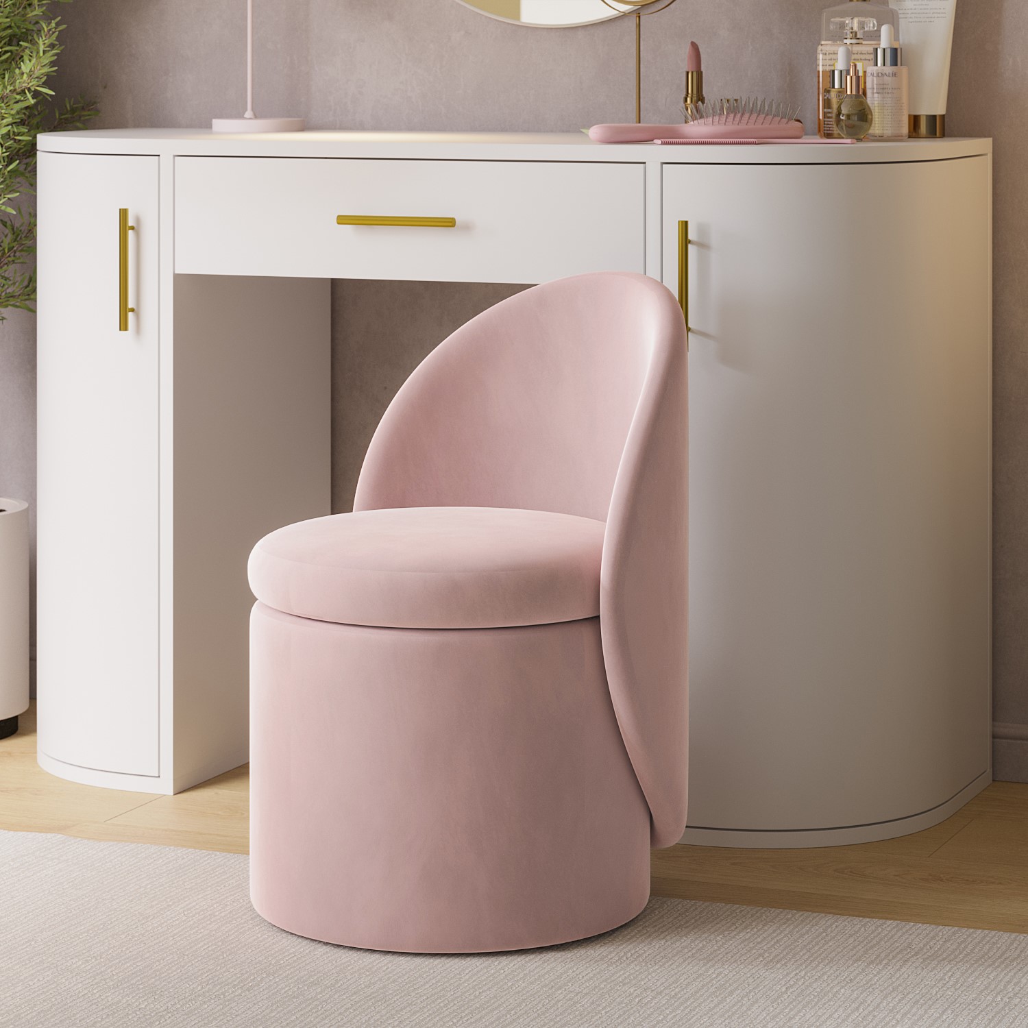 Upholstered Velvet Vanity Stool Chair with Wood Legs Bedroom Dressing Stool,  Silver