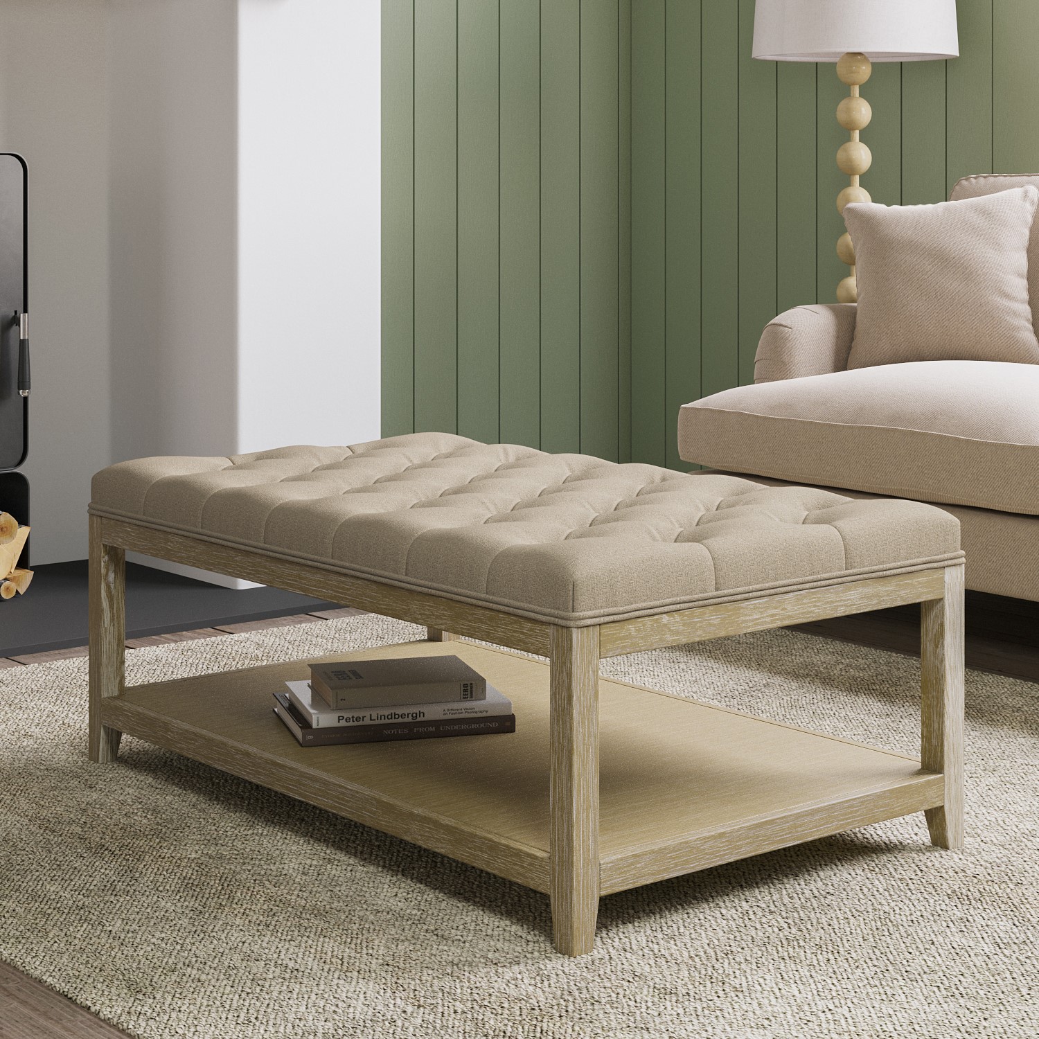 Photo of Rectangular beige linen upholstered coffee table footstool - lillian