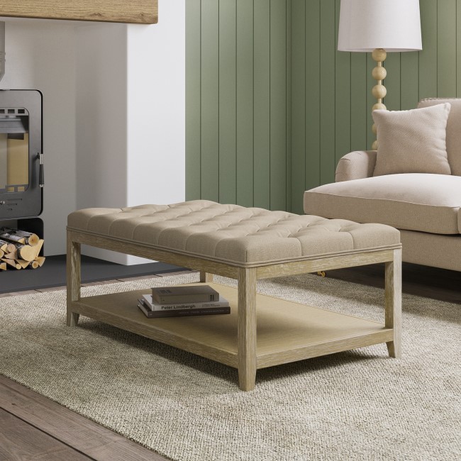 Rectangular Beige Upholstered Buttoned Coffee Table with Storage - Lillian