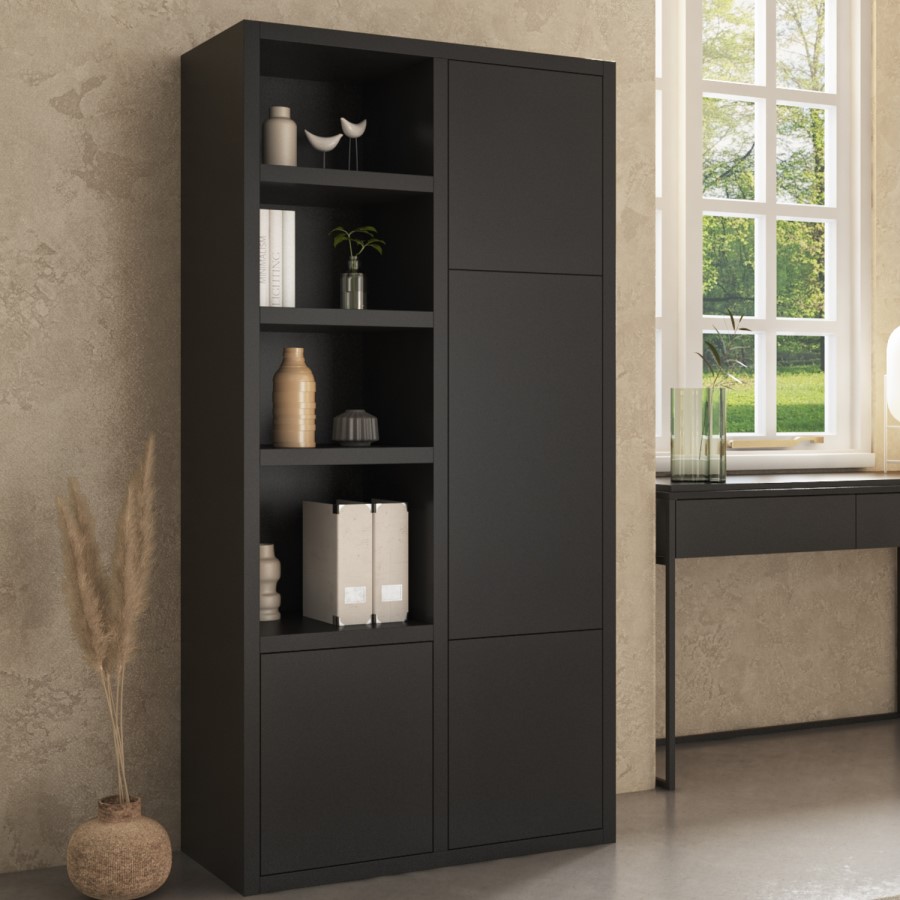 ONLY OPENED - Tall Matt Black Wooden Office Bookcase with Shelving and Cupboards - Larsen