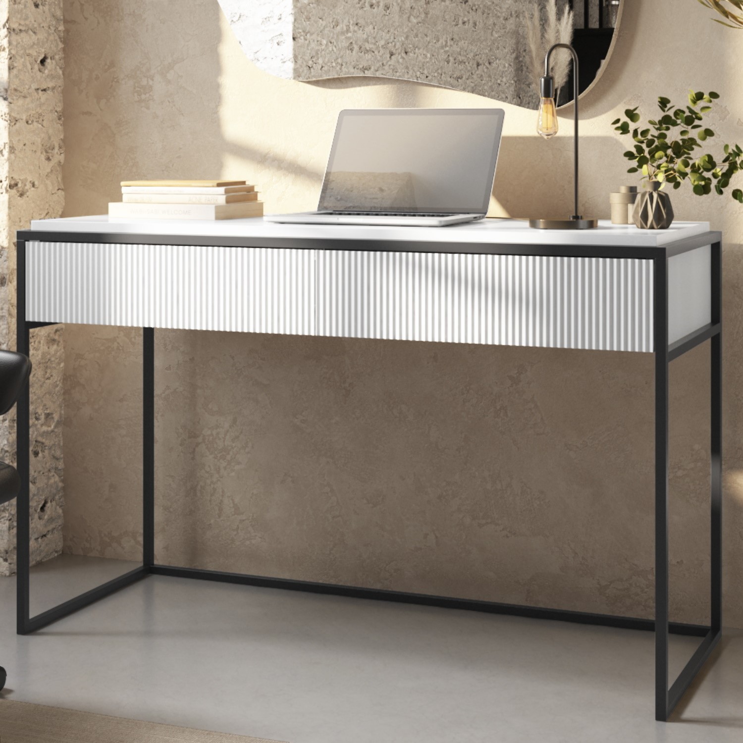 White Ribbed Desk with Drawers - Larsen - Furniture123