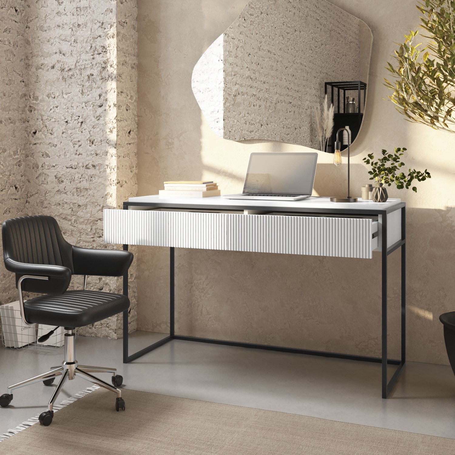 White Ribbed Desk White Ribbed Desk with Drawers - Larsen - Furniture123