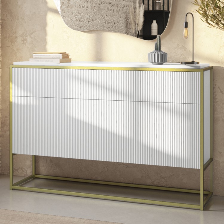 White and Gold Ribbed Office Storage Cabinet - Larsen