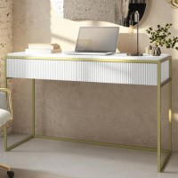 ALMOST PERFECT - White and Gold Ribbed Desk with Drawers - Larsen ALMOST PERFECT - White and Gold Ribbed Desk with Drawers - Larsen