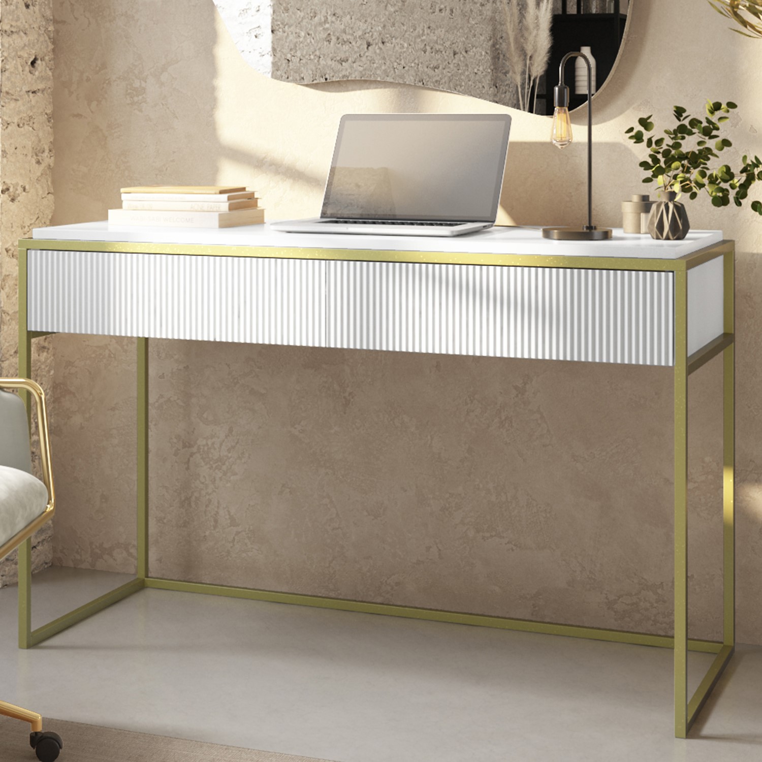 White Ribbed Desk White and Gold Ribbed Desk with Drawers - Larsen - Furniture123