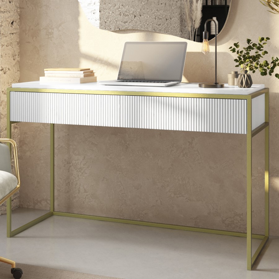 ALMOST PERFECT - White and Gold Ribbed Desk with Drawers - Larsen