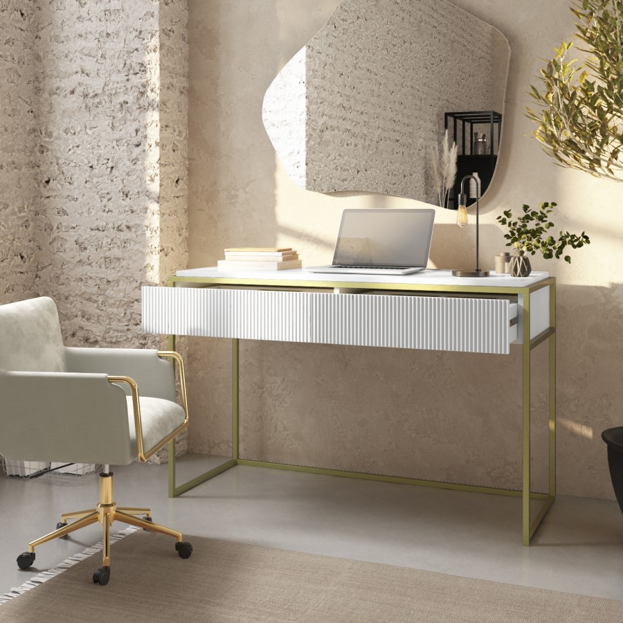ALMOST PERFECT - White and Gold Ribbed Desk with Drawers - Larsen