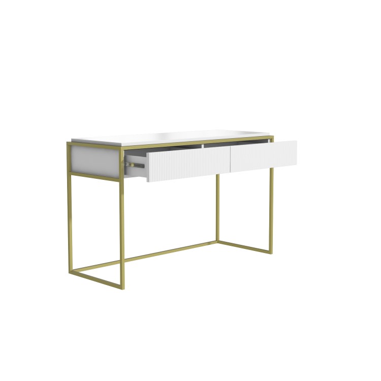 White and Gold Ribbed Desk with Drawers - Larsen