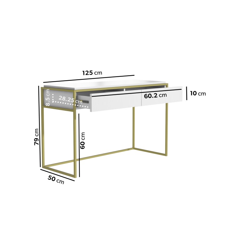 White and Gold Ribbed Desk with Drawers - Larsen