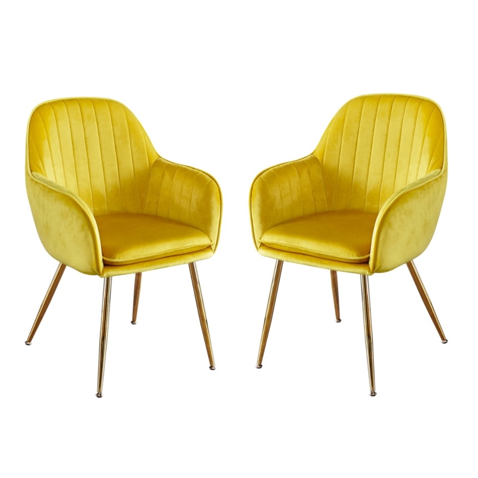Set of 2 Yellow Velvet Dining Chairs with Gold Legs Lara Furniture123